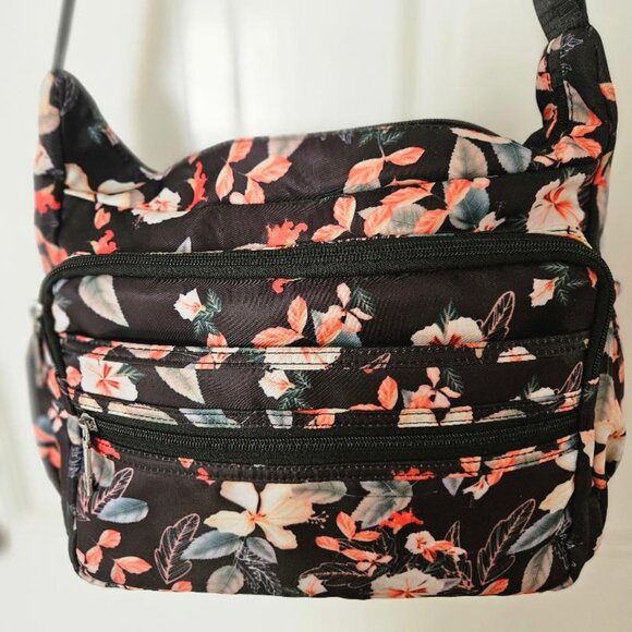 Black nylon w/ floral design shoulder bag w/ multiple pockets/compartments. - Picture 1 of 7